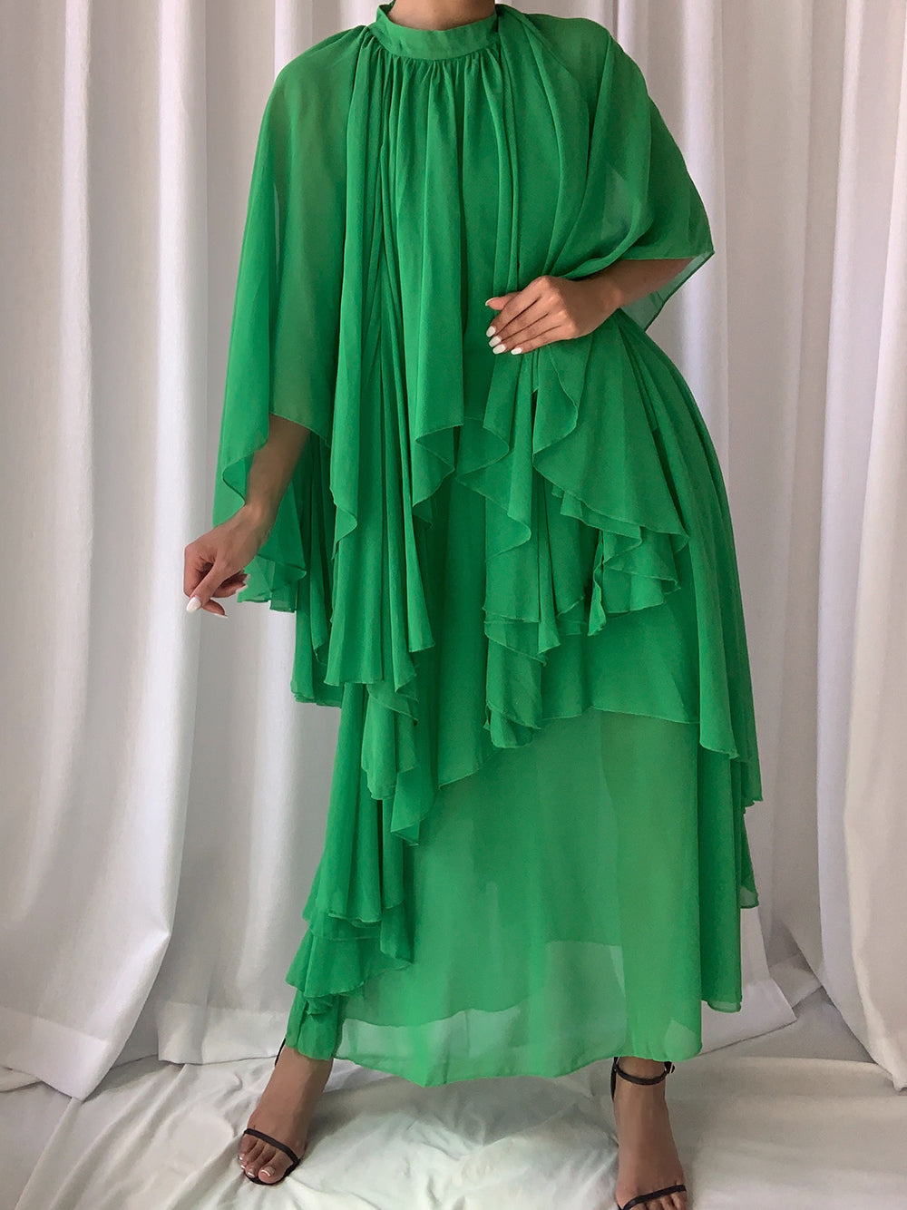 High Neck Pleated Cape Sleeve Tiered Ruffle Chiffon Maxi Dress