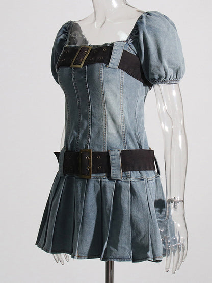 Square Neck Puff Sleeve Denim Fit and Flare Mini Dress
