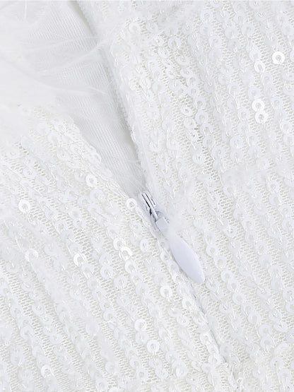 Strapless Feather Trim Sequin High Slit Maxi Gown