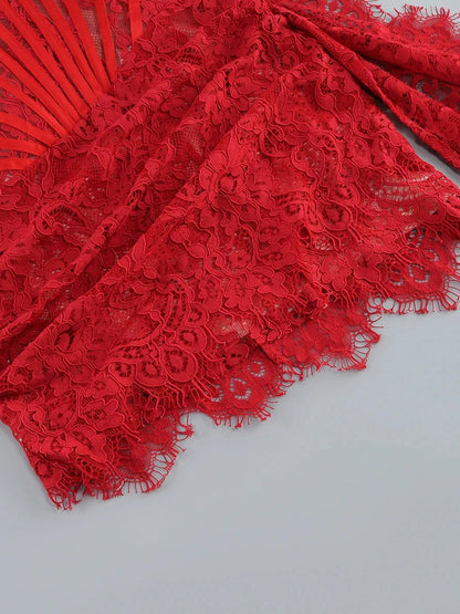 Strapless Boning Channel Lace Applique Asymmetric Hem Mini Dress