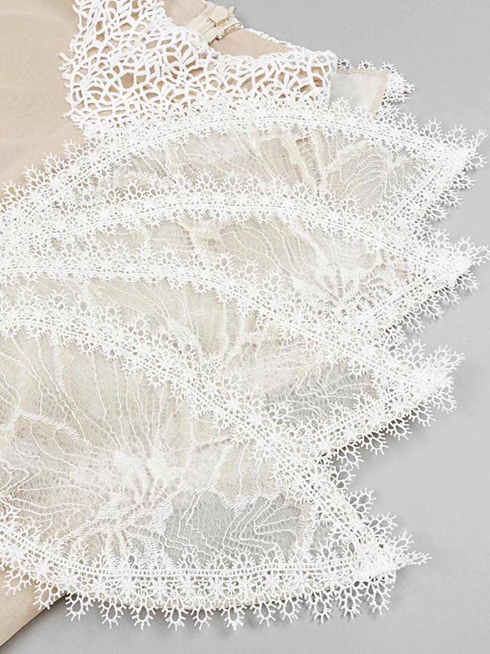 High Neck One Shoulder Architectural Lace Fan Panel Mini Dress