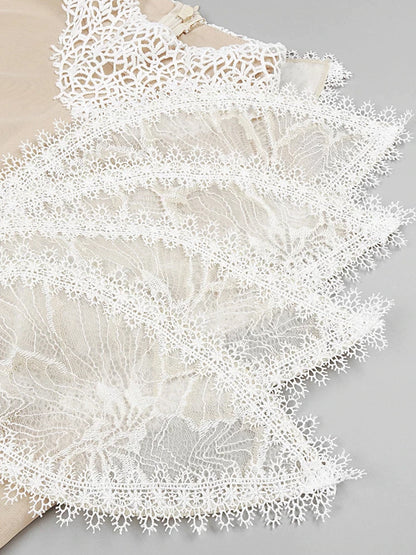 High Neck One Shoulder Architectural Lace Fan Panel Mini Dress