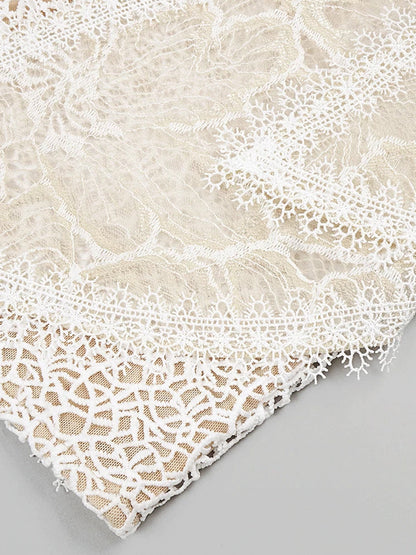 High Neck One Shoulder Architectural Lace Fan Panel Mini Dress