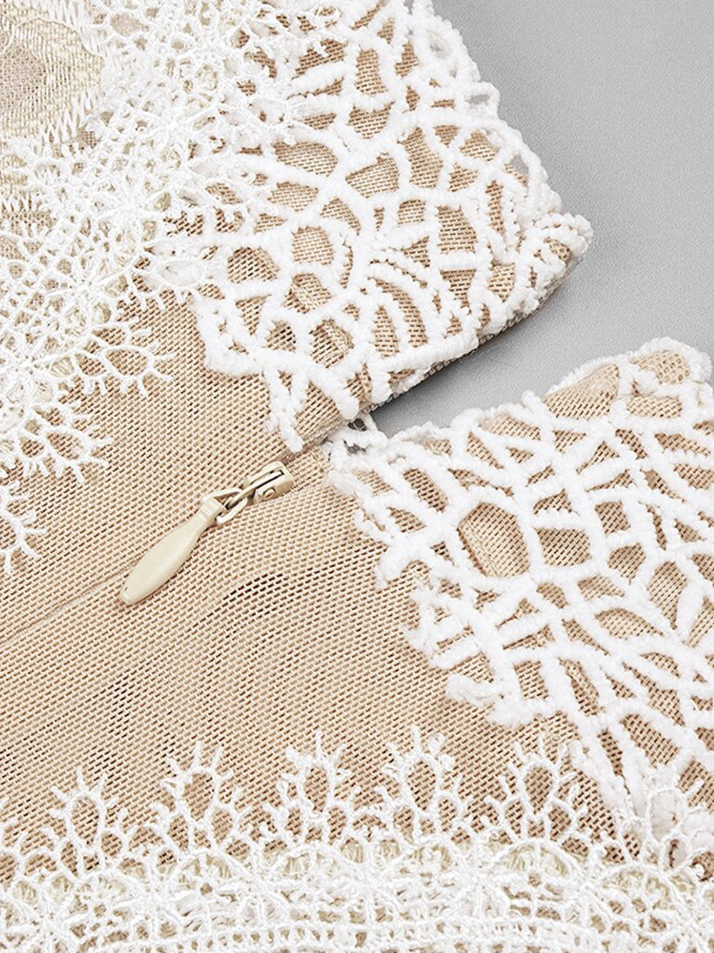 High Neck One Shoulder Architectural Lace Fan Panel Mini Dress