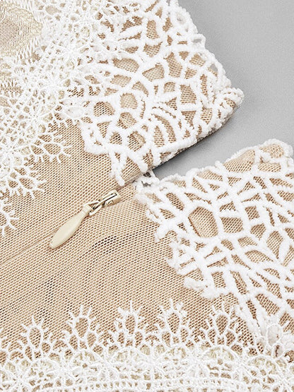 High Neck One Shoulder Architectural Lace Fan Panel Mini Dress