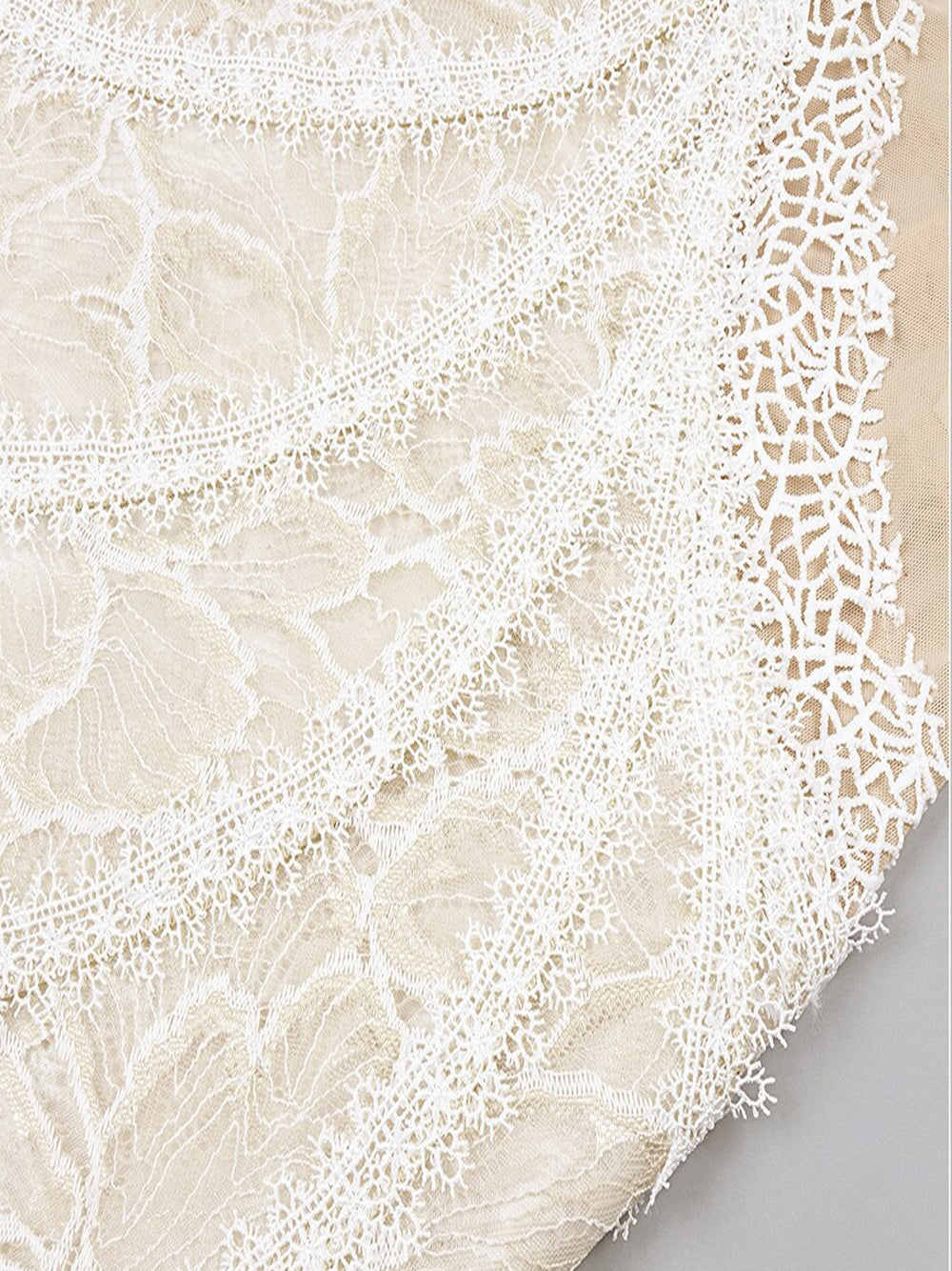 High Neck One Shoulder Architectural Lace Fan Panel Mini Dress