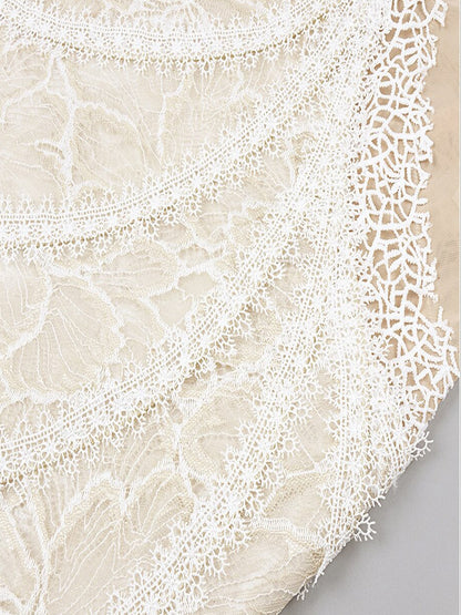 High Neck One Shoulder Architectural Lace Fan Panel Mini Dress