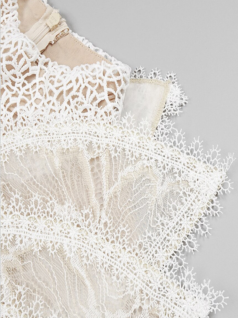 High Neck One Shoulder Architectural Lace Fan Panel Mini Dress