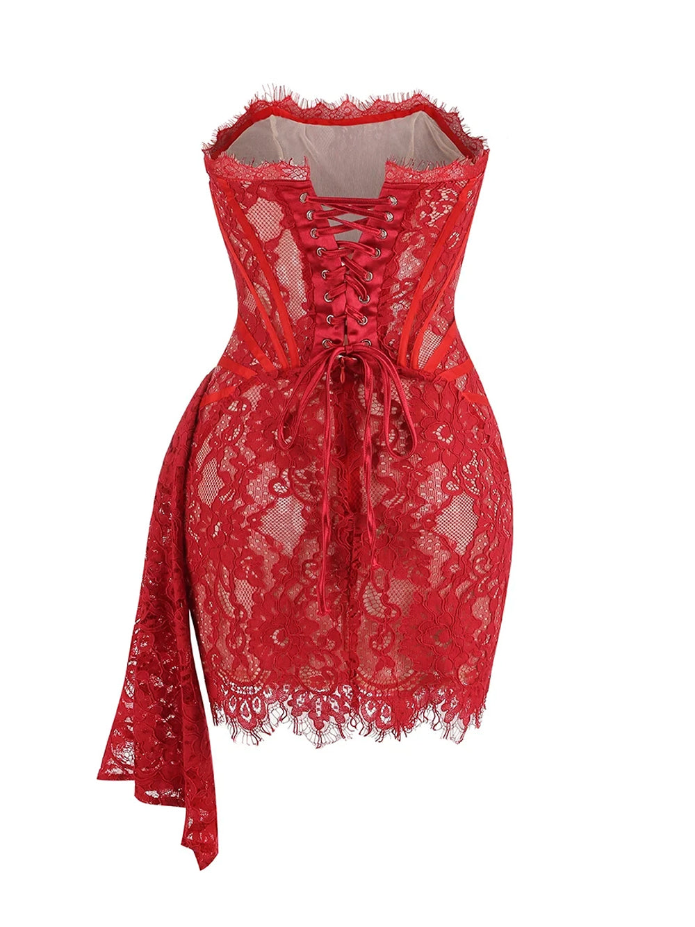 Strapless Boning Channel Lace Applique Asymmetric Hem Mini Dress