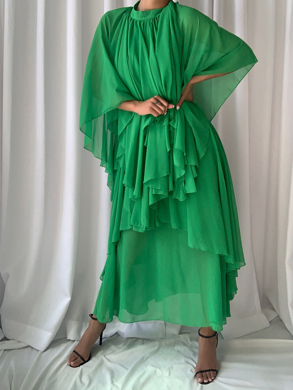 High Neck Pleated Cape Sleeve Tiered Ruffle Chiffon Maxi Dress
