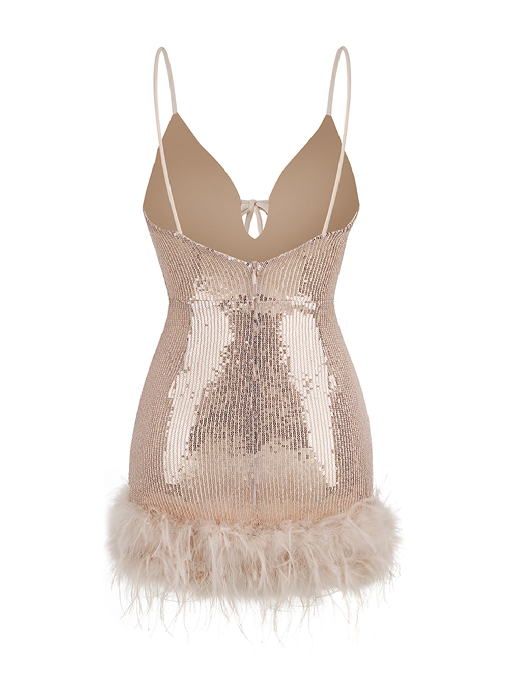 Plunging V Tie Front Sequin Feather Trim Mini Dress