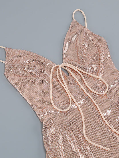 Plunging V Tie Front Sequin Feather Trim Mini Dress