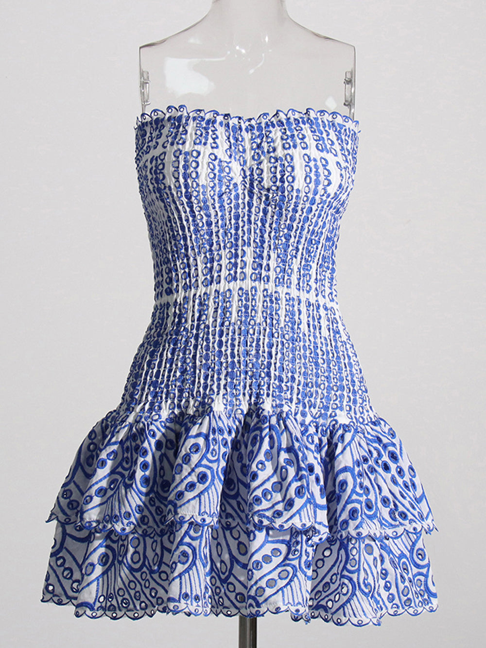 Strapless Smocked Eyelet Embroidery Tiered Ruffle Scallop Hem Mini Dress