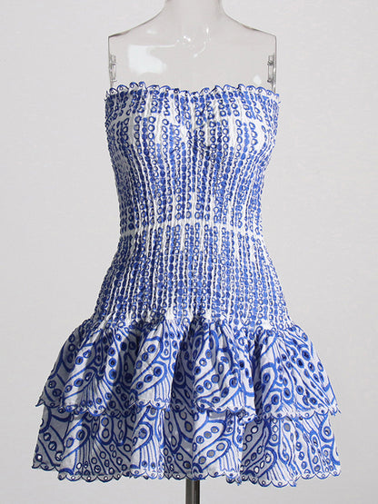 Strapless Smocked Eyelet Embroidery Tiered Ruffle Scallop Hem Mini Dress