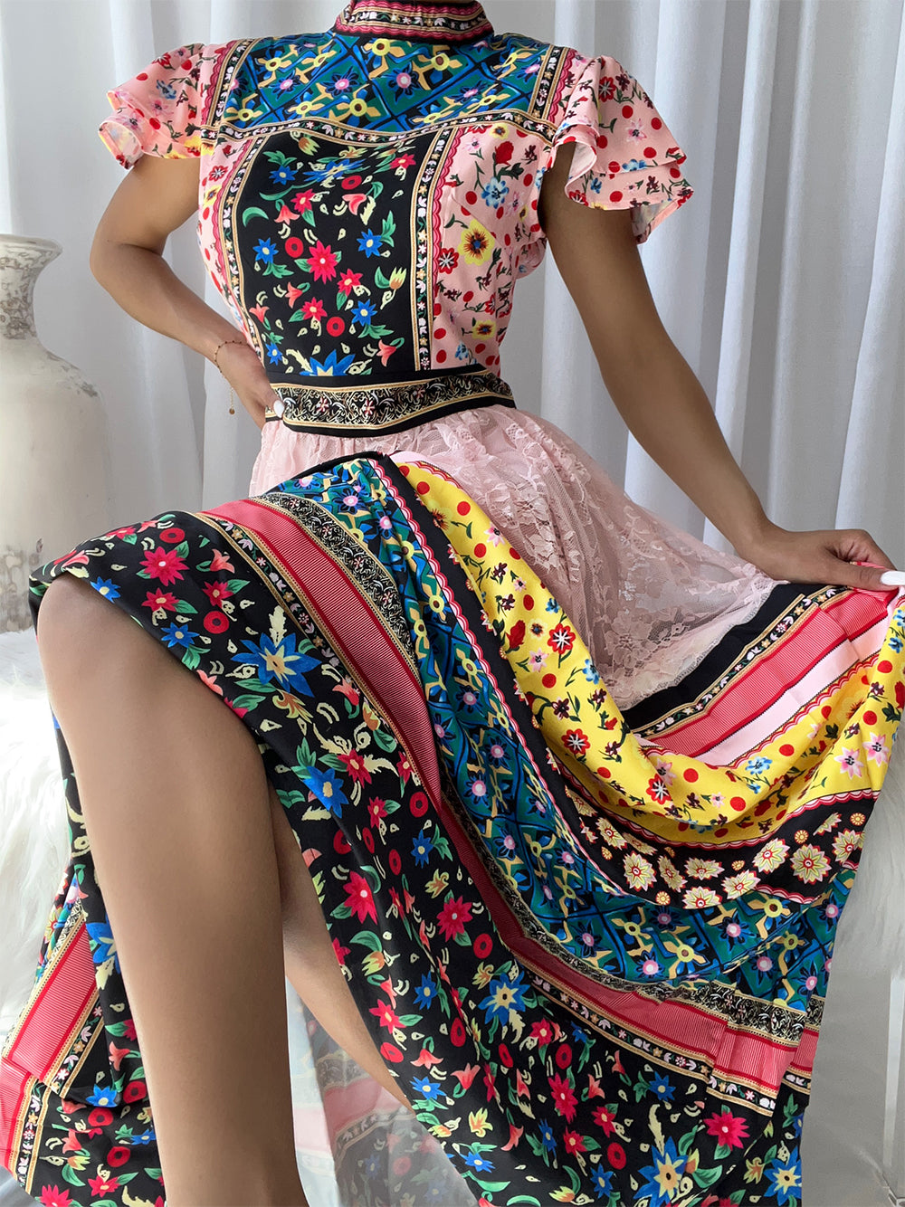 Mock Neck Mixed Print Tiered Lace Panel Maxi Dress