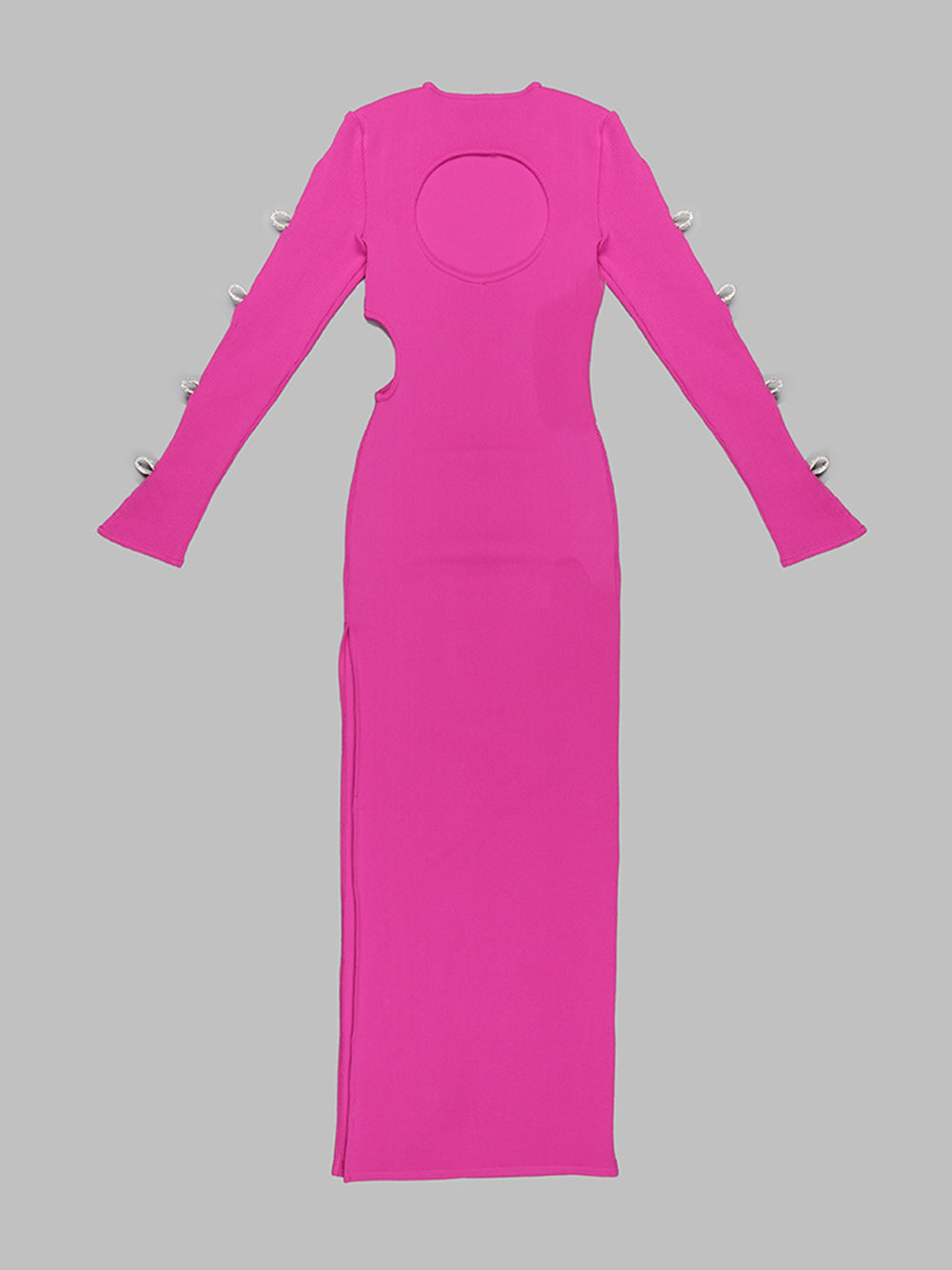 Crew Neck Long Sleeve Cutout Rhinestone Bow Rib Knit High Slit Maxi Dress