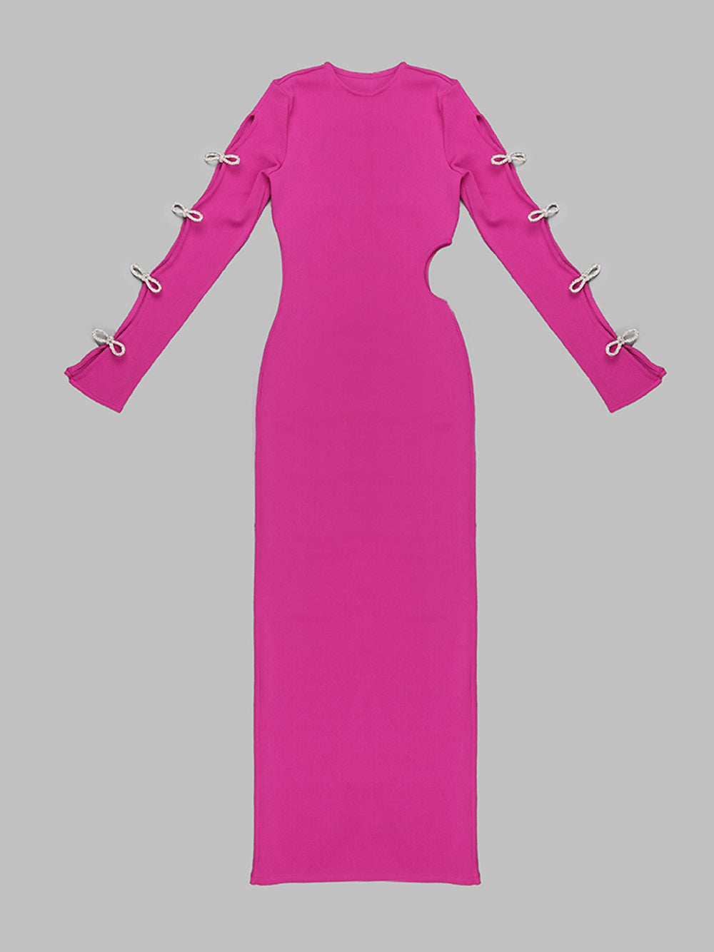 Crew Neck Long Sleeve Cutout Rhinestone Bow Rib Knit High Slit Maxi Dress