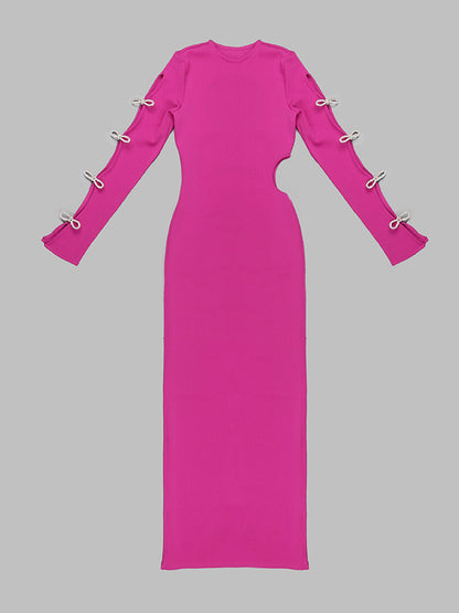 Crew Neck Long Sleeve Cutout Rhinestone Bow Rib Knit High Slit Maxi Dress