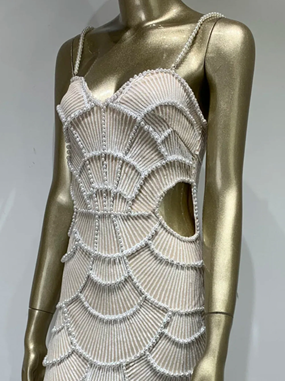 Sweetheart Neck Pearl Strap Sequin Embellished Side Cutout Bodycon Midi Dress
