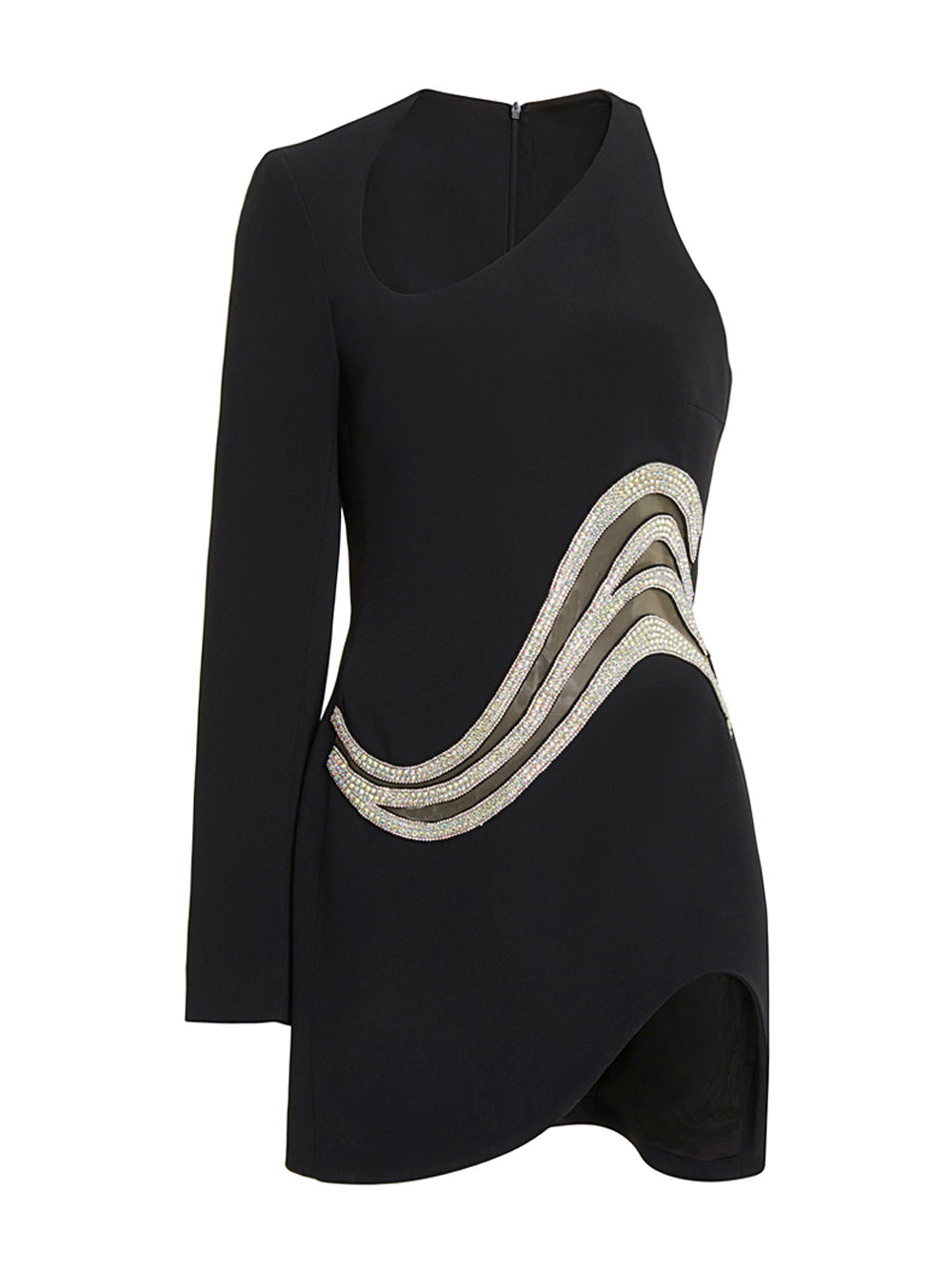 One Shoulder Crystal Wave Mesh Panel Asymmetric Hem Mini Dress