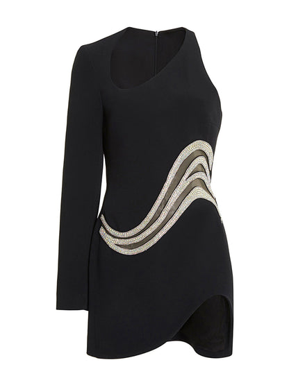 One Shoulder Crystal Wave Mesh Panel Asymmetric Hem Mini Dress