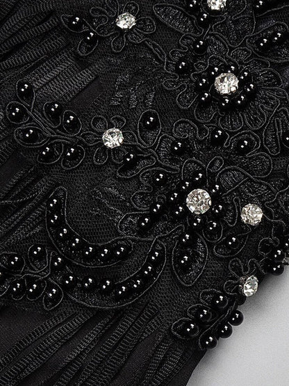 Strapless Beaded Feather Applique Fringe Hem Mini Dress