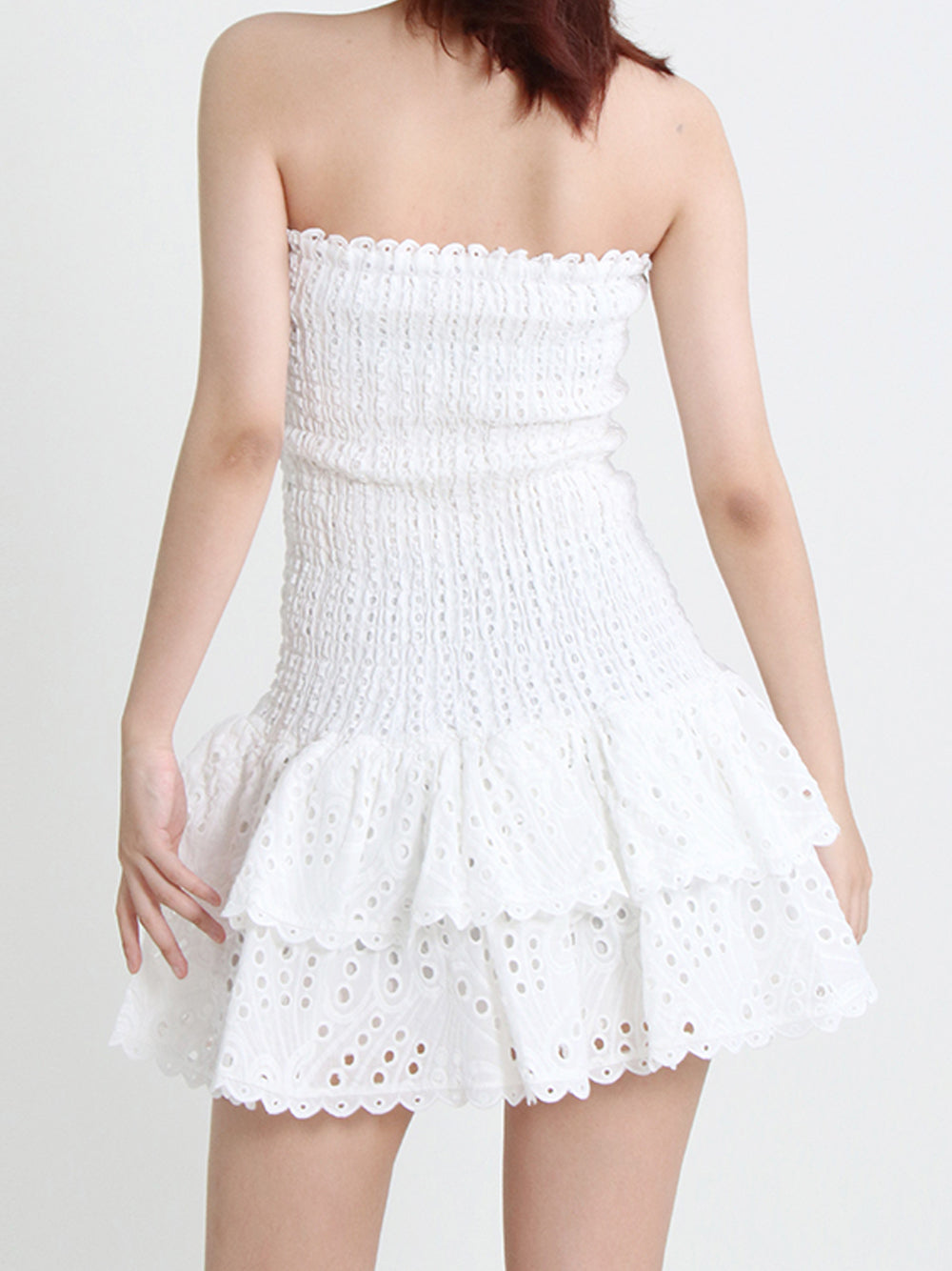 Strapless Smocked Eyelet Embroidery Tiered Ruffle Scallop Hem Mini Dress