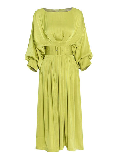 Round Neck Pleated Waist Bishop Sleeve Flared Midi Dress