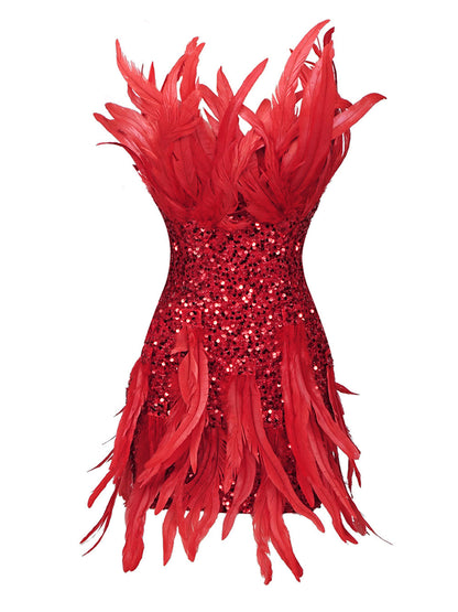 Strapless Sequin Feather Trim Bodycon Mini Dress