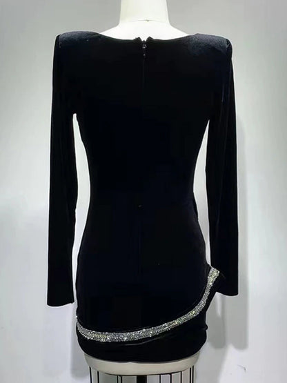Velvet Long Sleeve Mesh Panel Rhinestone Snake Bodycon Mini Dress