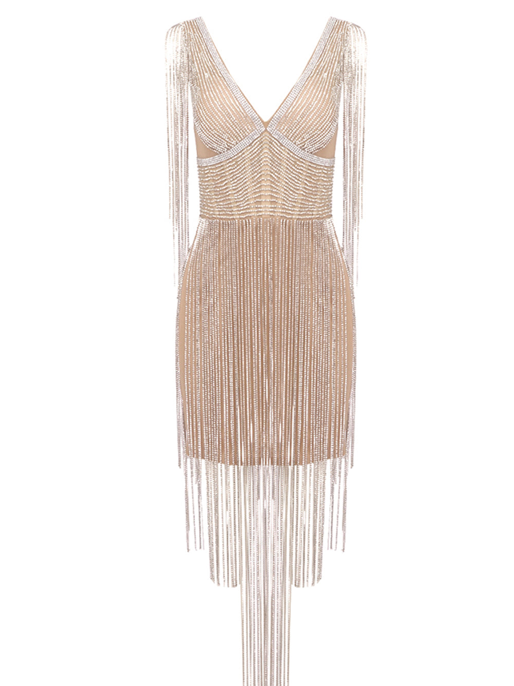 Deep V Neck Rhinestone Beaded Fringe Strap Bodycon Mini Dress
