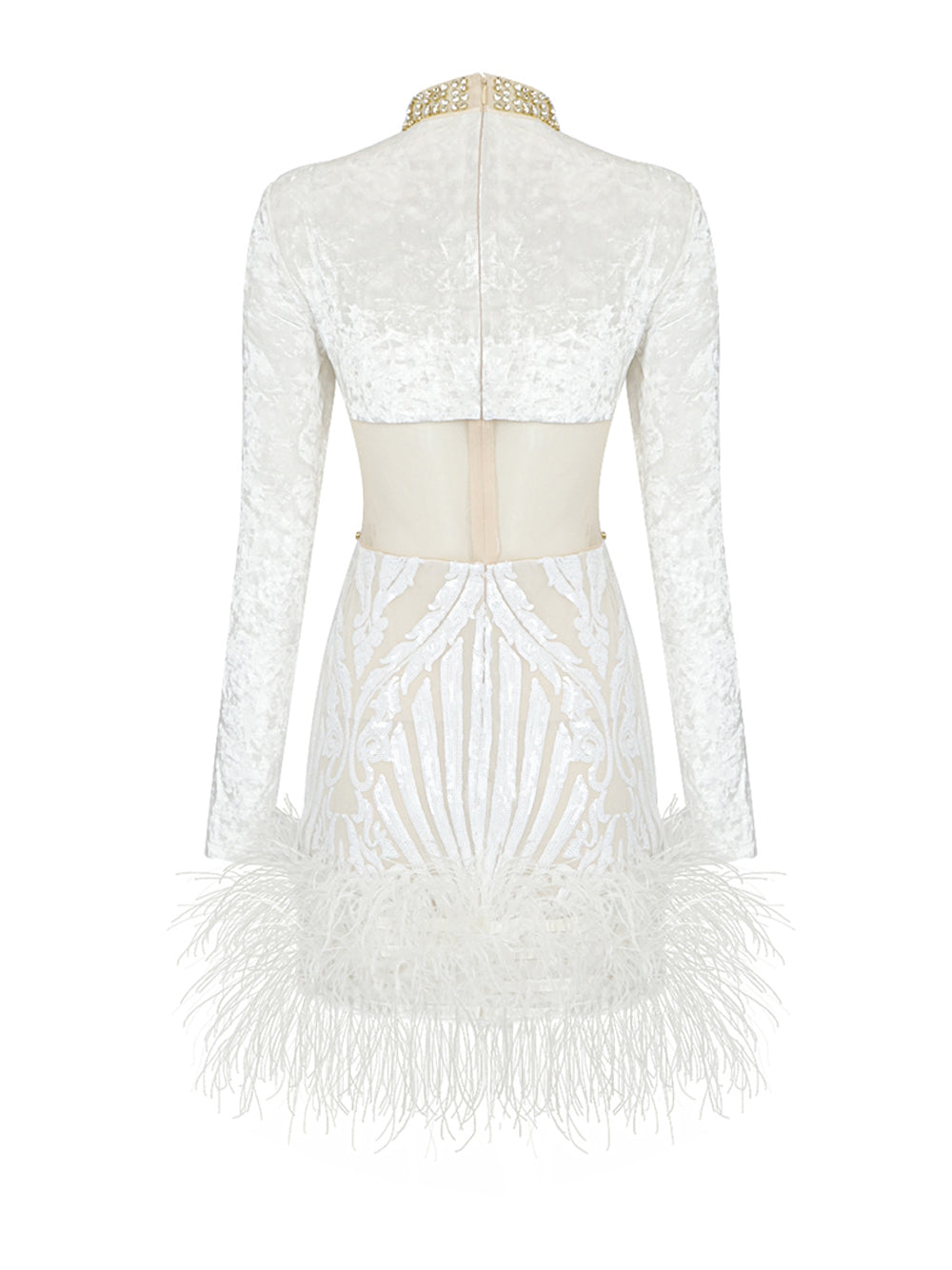 Crystal Choker Velvet Mesh Lace Feather Hem Mini Dress
