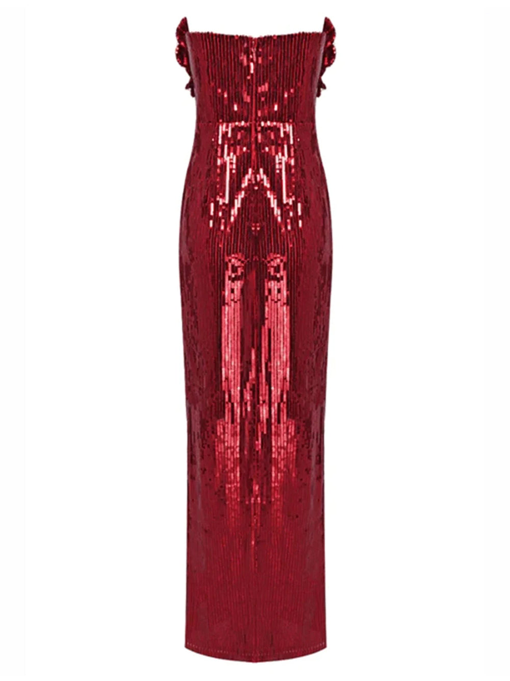 Strapless 3D Floral Rosette Sequin High Slit Maxi Dress