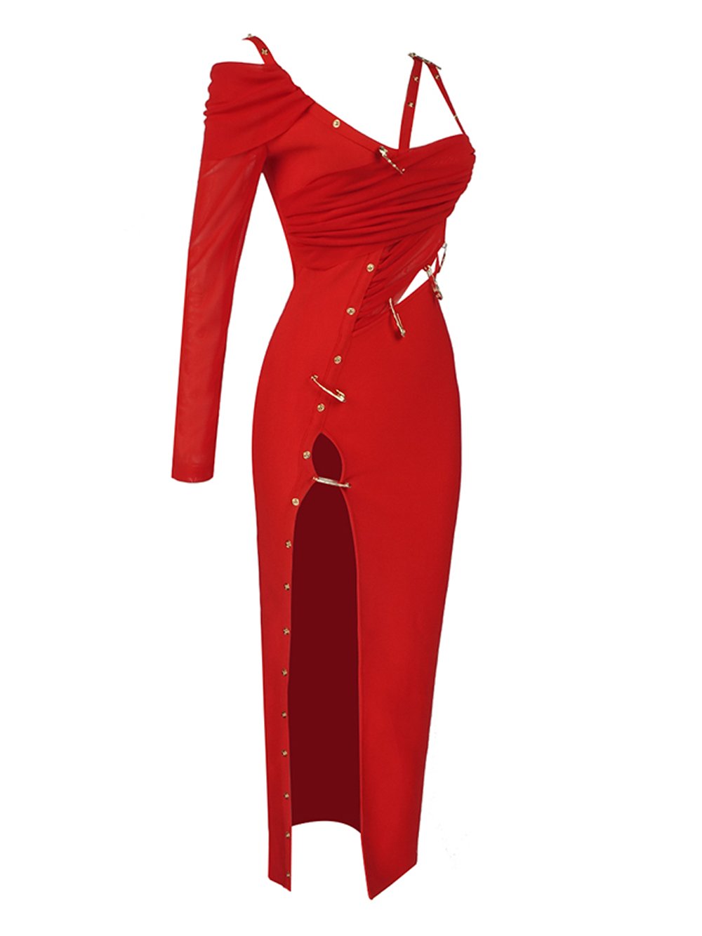 Red One Shoulder Ruched Cutout Side Slit Satin Maxi Dress