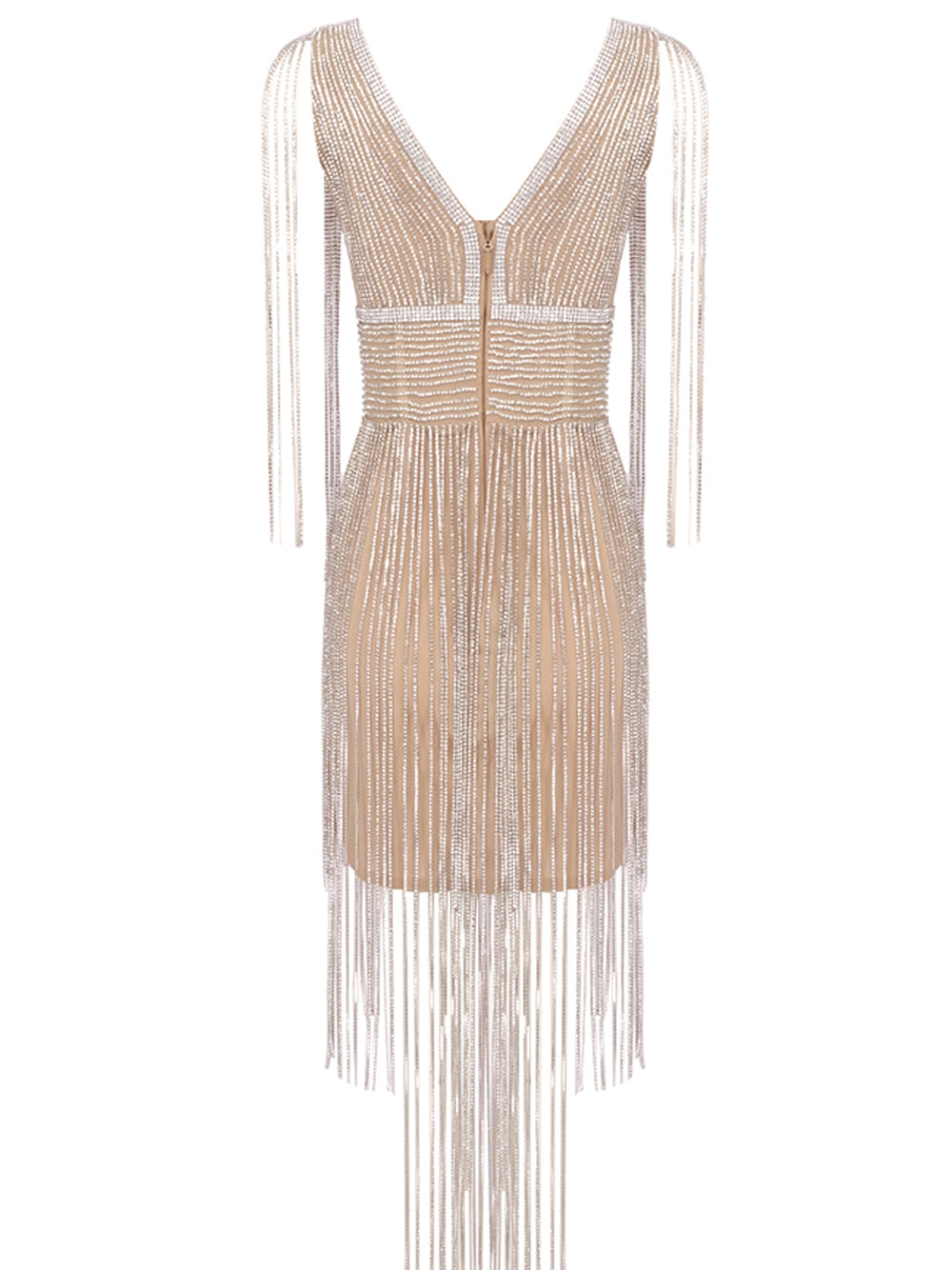 Deep V Neck Rhinestone Beaded Fringe Strap Bodycon Mini Dress