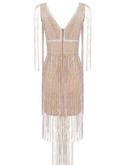 Deep V Neck Rhinestone Beaded Fringe Strap Bodycon Mini Dress