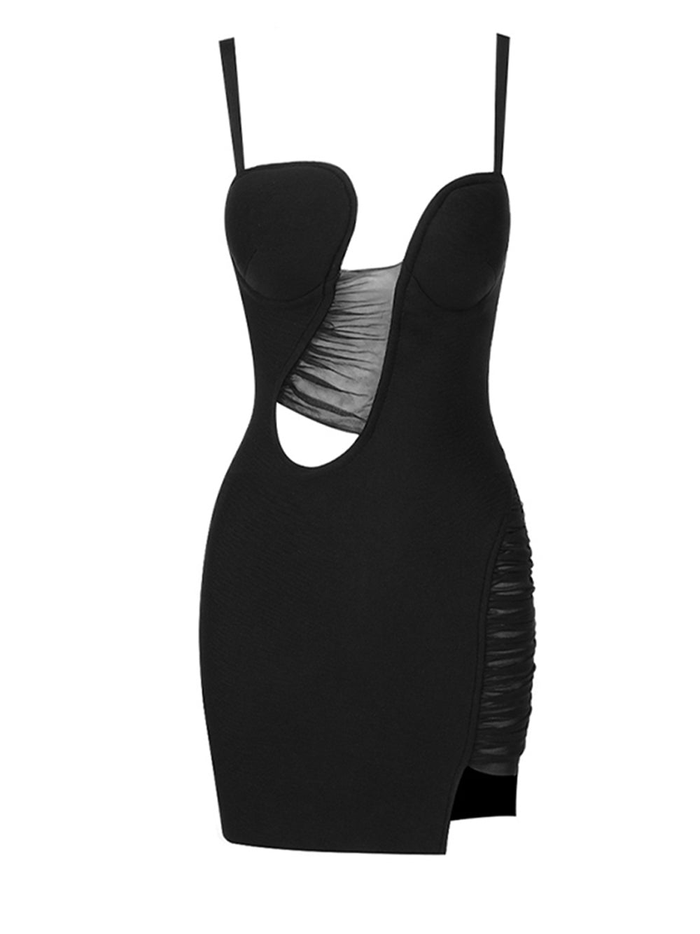 Sweetheart Bustier Waist Cutout Mesh Panel Ruched Bodycon Mini Dress