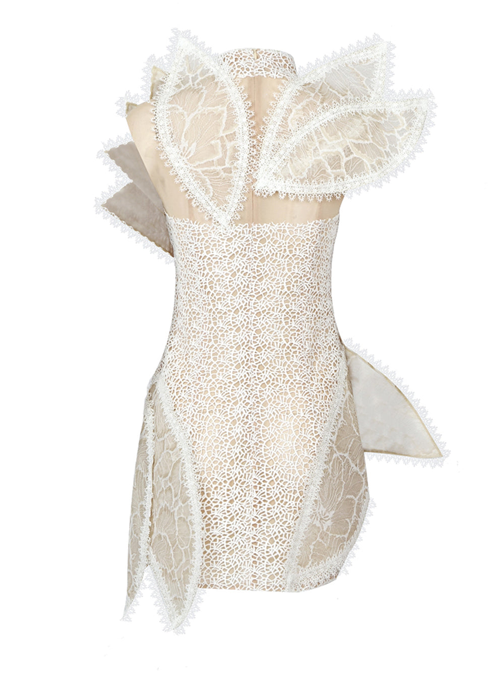High Neck One Shoulder Architectural Lace Fan Panel Mini Dress