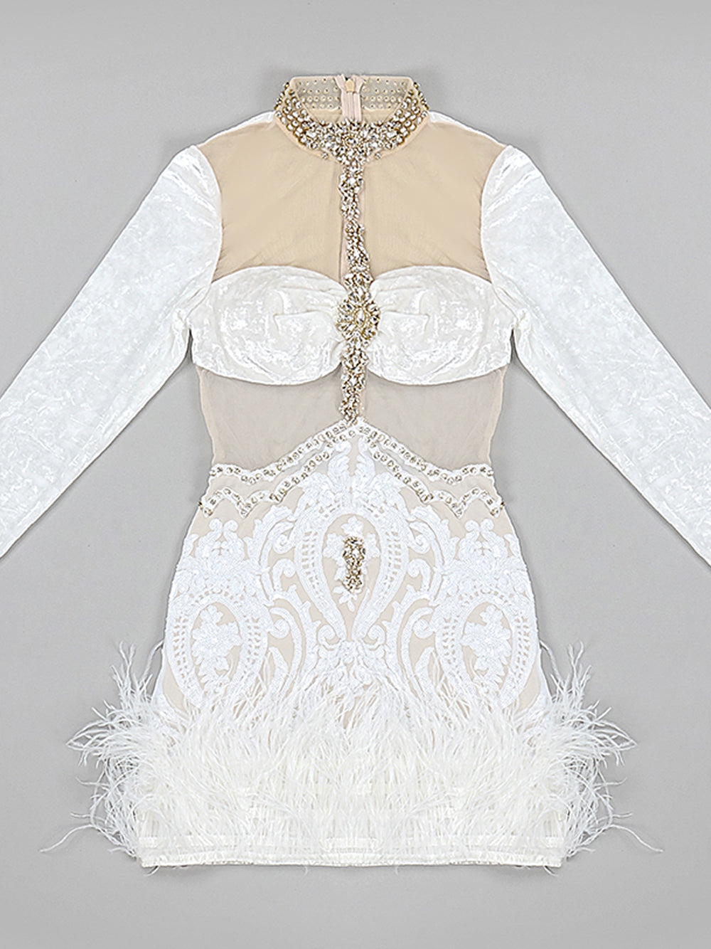 Crystal Choker Velvet Mesh Lace Feather Hem Mini Dress