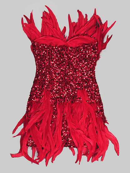 Strapless Sequin Feather Trim Bodycon Mini Dress