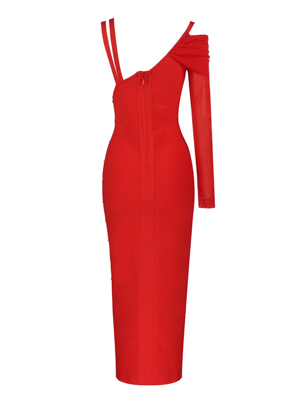 Red One Shoulder Ruched Cutout Side Slit Satin Maxi Dress
