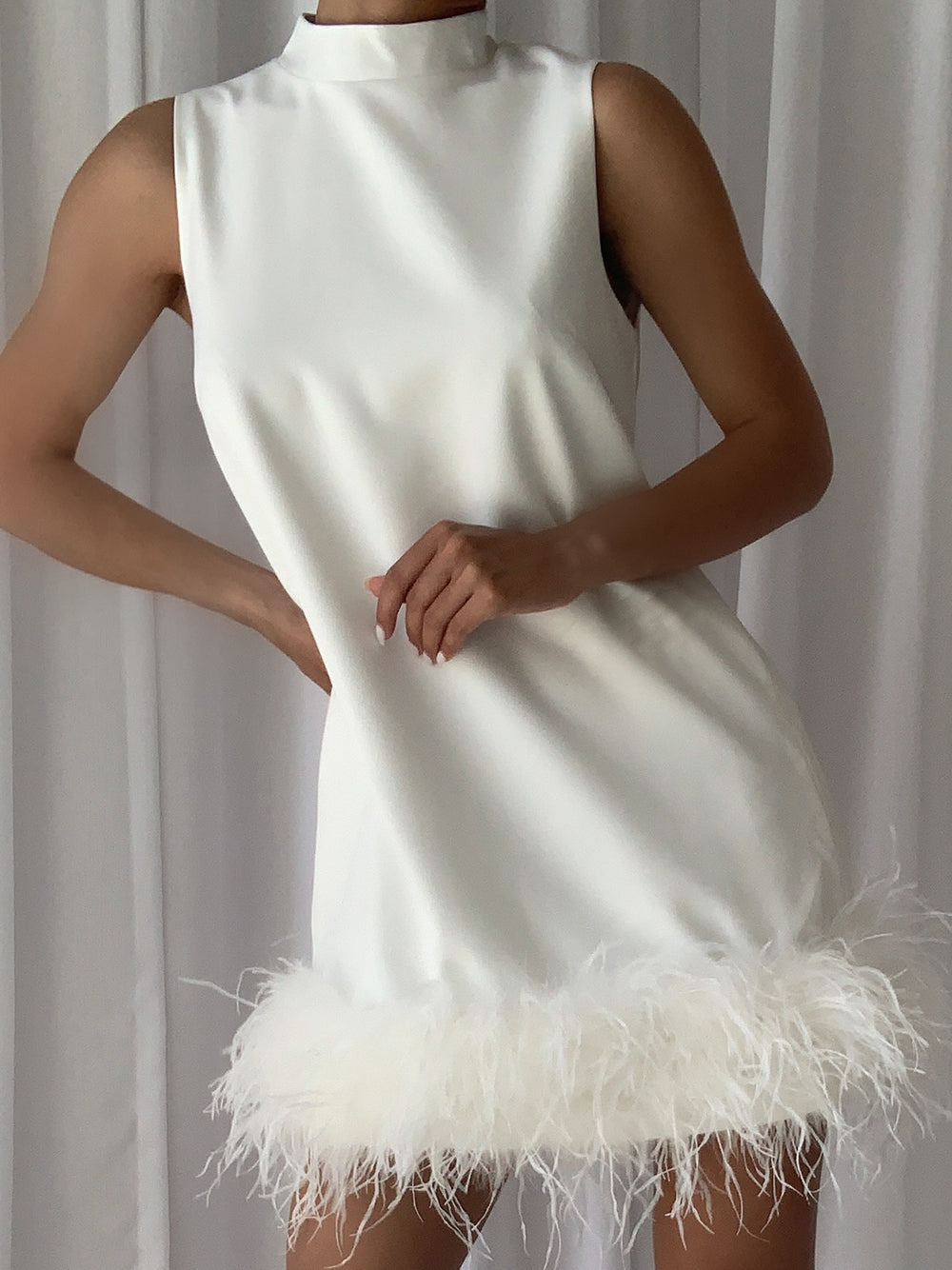 Mock Neck Sleeveless Shift Feather Trim Mini Dress