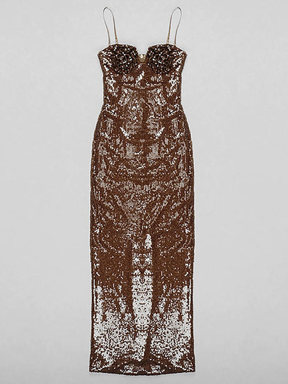 One Shoulder Draped Sequin High Slit Maxi Dress