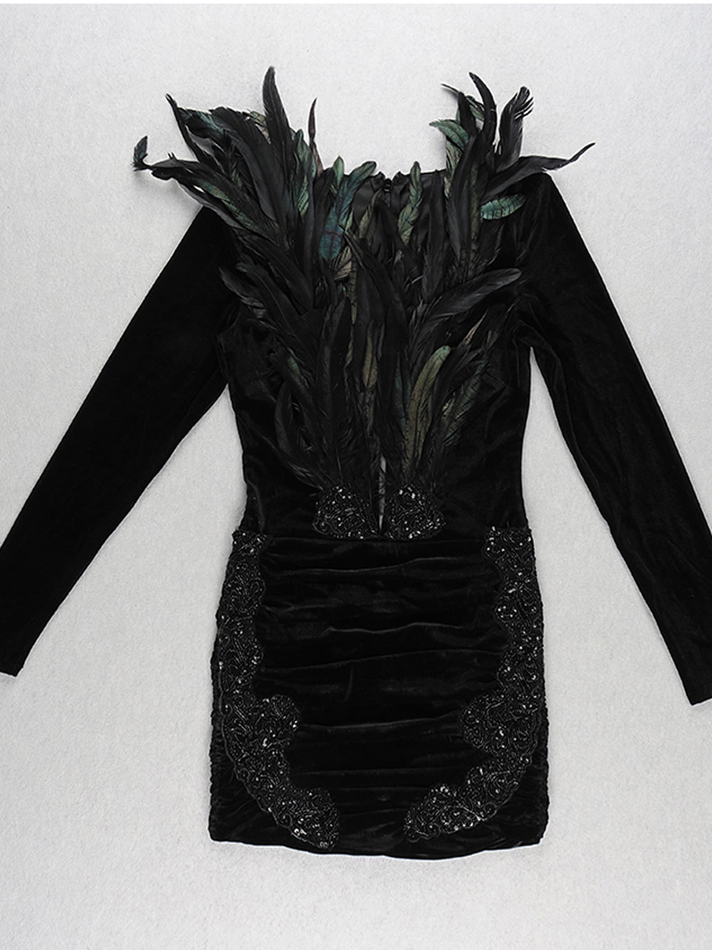 Deep V-Neck Long Sleeve Velvet Feather Trim Beaded Applique Ruched Mini Dress