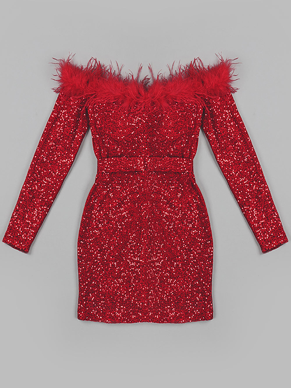 Off Shoulder Feather Trim Long Sleeve Sequin Bodycon Mini Dress