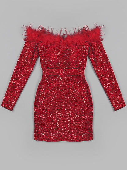 Off Shoulder Feather Trim Long Sleeve Sequin Bodycon Mini Dress