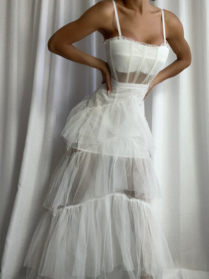 Spaghetti Strap Corset Sweetheart Mesh Panel Tiered Tulle Maxi Dress