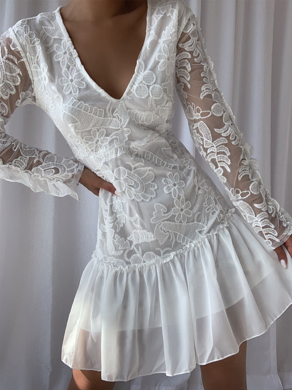 Deep V Neck Floral Lace Long Sleeve Chiffon Ruffle Hem Mini Dress