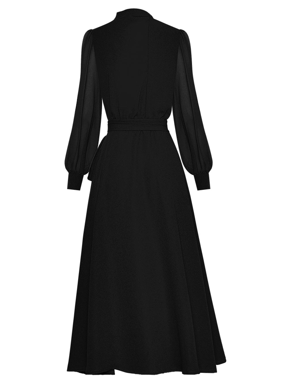 Mock Neck Lantern Sleeve Self Tie Sash Belted A Line Maxi Dress