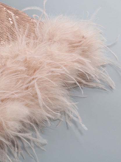 Plunging V Tie Front Sequin Feather Trim Mini Dress